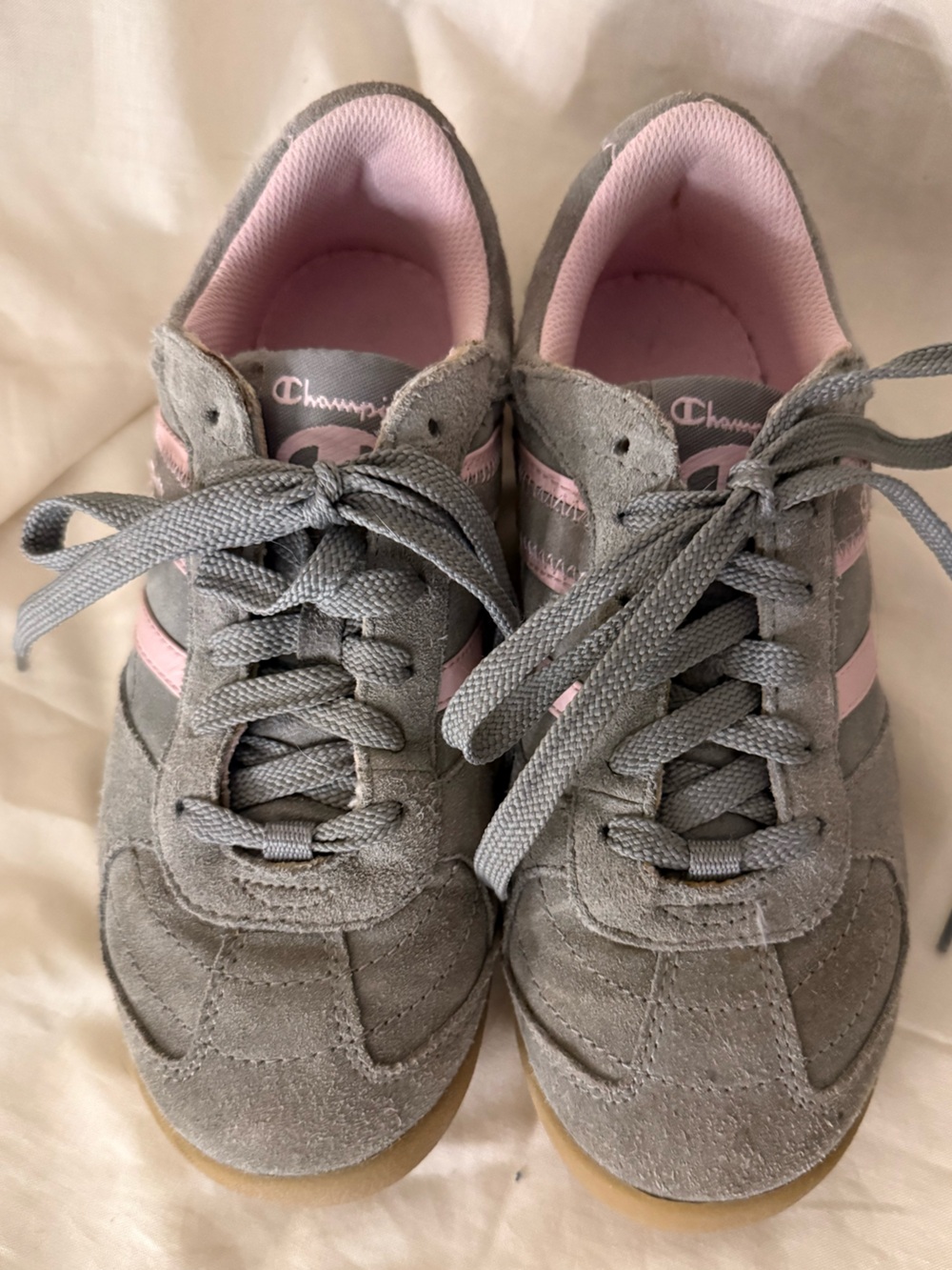 Gray Champion Sneakers with Pink Accents